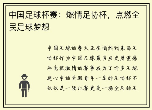 中国足球杯赛：燃情足协杯，点燃全民足球梦想