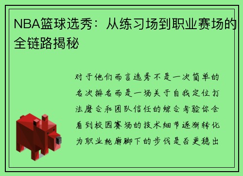 NBA篮球选秀：从练习场到职业赛场的全链路揭秘