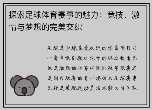 探索足球体育赛事的魅力：竞技、激情与梦想的完美交织