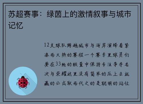 苏超赛事：绿茵上的激情叙事与城市记忆
