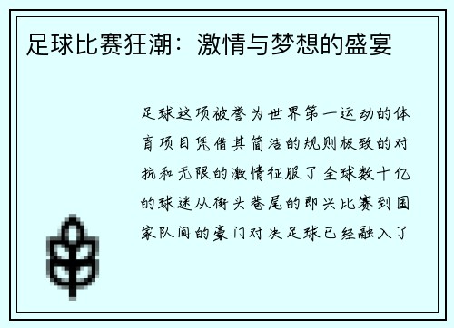 足球比赛狂潮：激情与梦想的盛宴